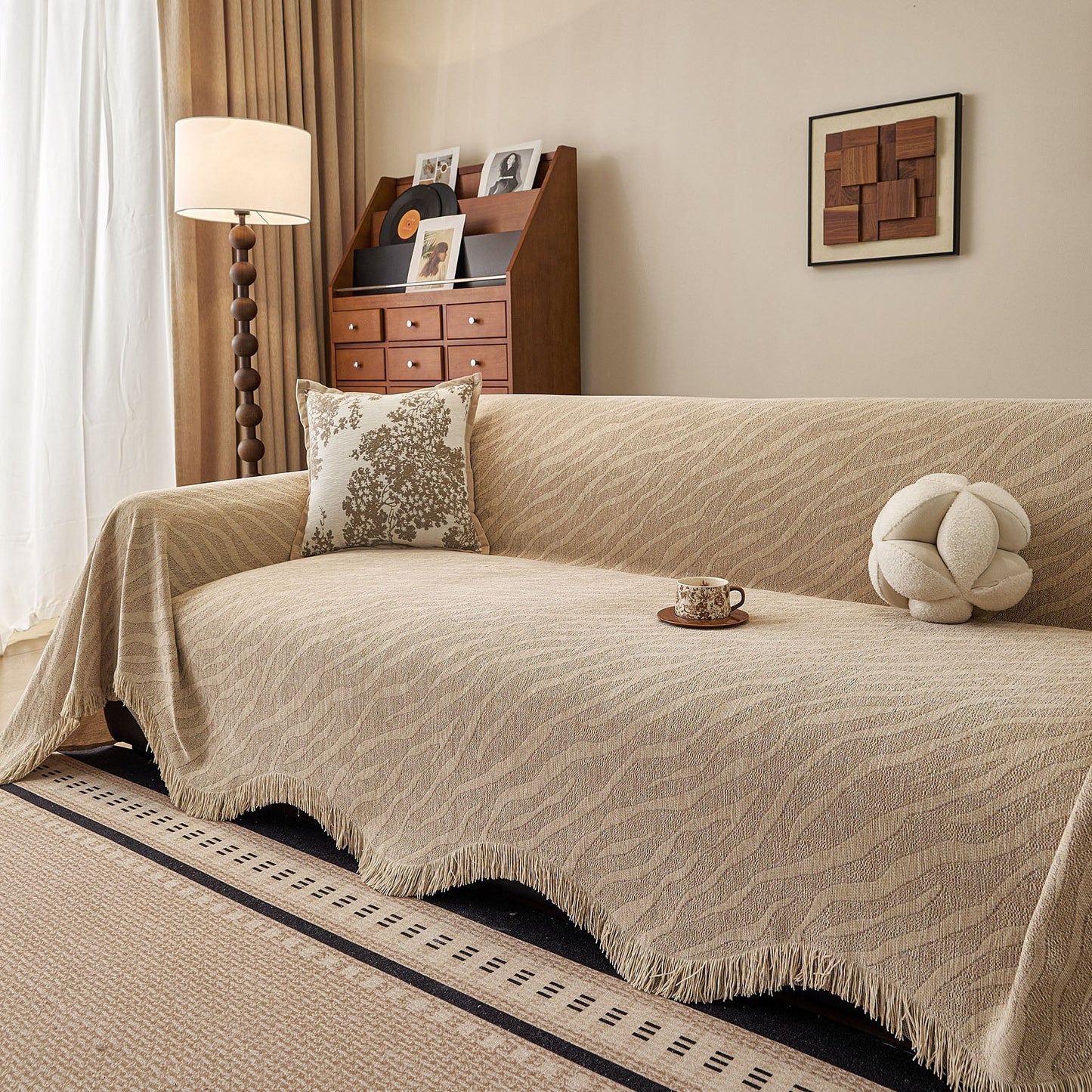 Wavy Wave Pattern Woven Couch Cover with Fringe Tassel, Soft Furniture Cover Protector