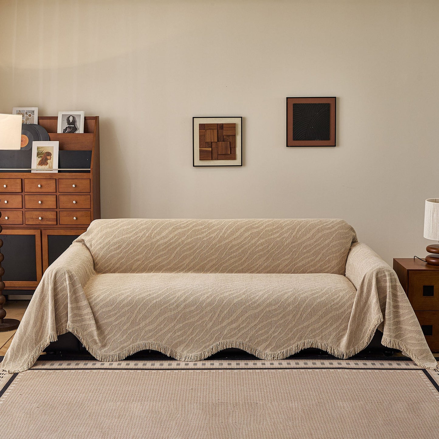 Wavy Wave Pattern Woven Couch Cover with Fringe Tassel, Soft Furniture Cover Protector