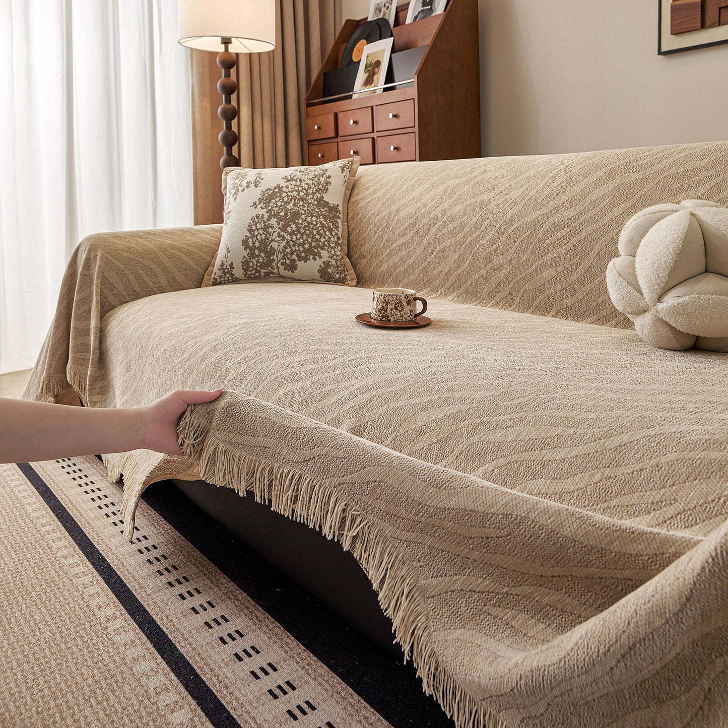 Wavy Wave Pattern Woven Couch Cover with Fringe Tassel, Soft Furniture Cover Protector