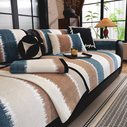 Striped Colorblock Non-Slip Sectional Couch Covers, Chenille Sofa Protector Cover