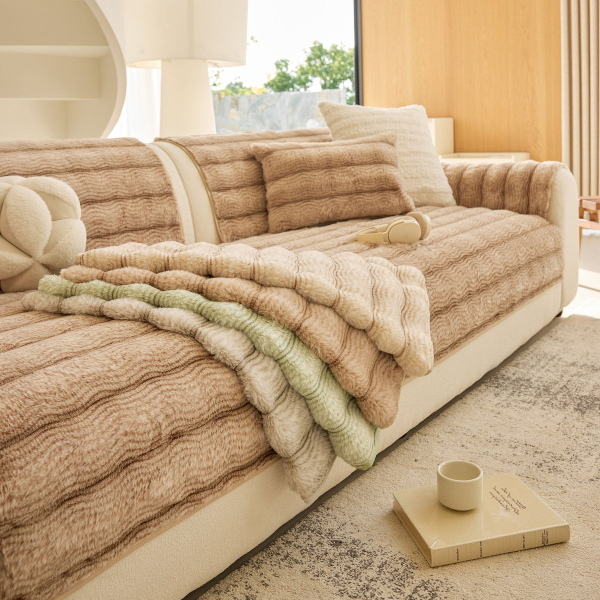 Plush Faux Rabbit Fur Sofa Cover, Warm Non-Slip Couch Protector for Leather Sofas