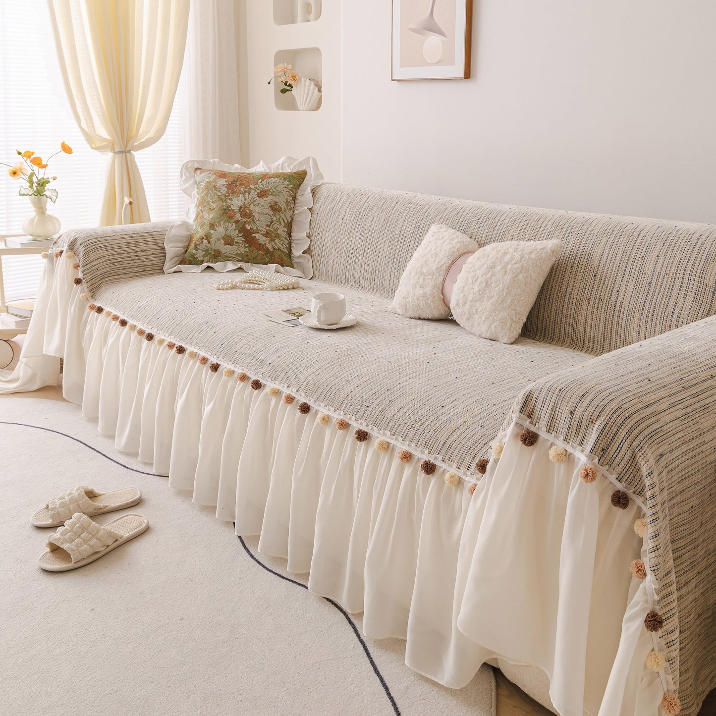 Boho Couch Cover with Knitted Stripes, Chiffon Skirt & Pom Fringe, Pet-Friendly Throw