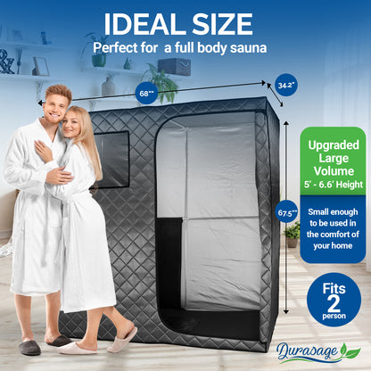 Durasage Portable Full Size Infrared Sauna for at Home | Ultra Low EMF Infrared | LED Lighting, Heating Foot Pad, Ceramic Heat Fan (2-Person)