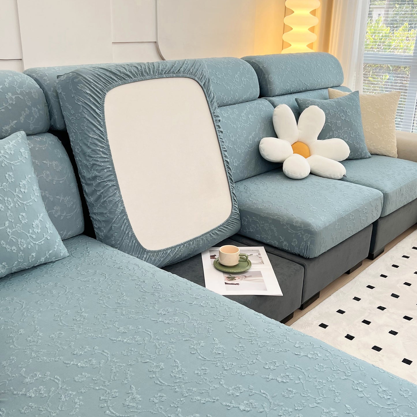 Frost Flower Cooling Silk Fabric Stretch Cushion Cover, Non-Slip Furniture Protector for Kids, Chaise Lounge Cushion Covers