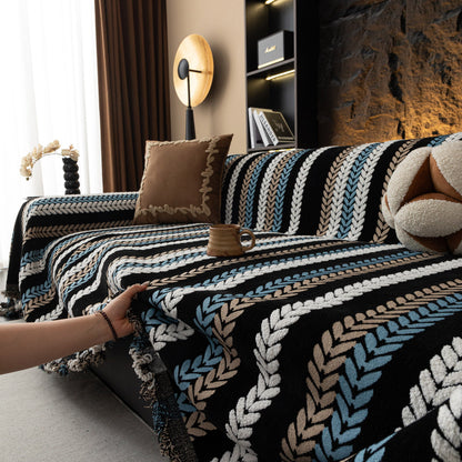 Cozy Decorative Throw Blanket for Couches, Boho Plush Woven Sofa Cover with Stripes