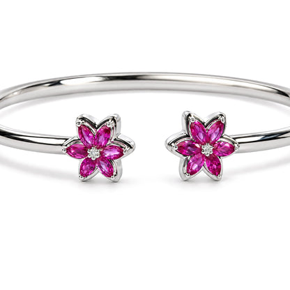.925 Sterling Silver Ruby with Diamond Accent Floral Flexy Open Bangle Bracelet