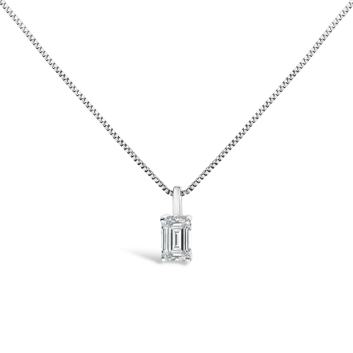 14K White Gold 3/4 Cttw Lab Grown Emerald Cut Solitaire Diamond Pendant Necklace