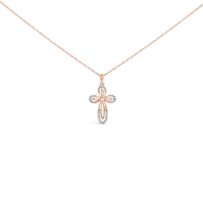 10K Rose Gold Plated Sterling Silver 1/6 Cttw Diamond Double Loop Cross Pendant Necklace