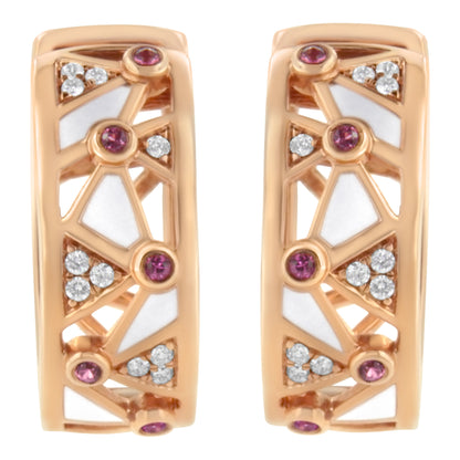 14K Rose Gold 1/6 Cttw Diamond and Pink Tourmaline White Enamel Geometric Hoop Earrings