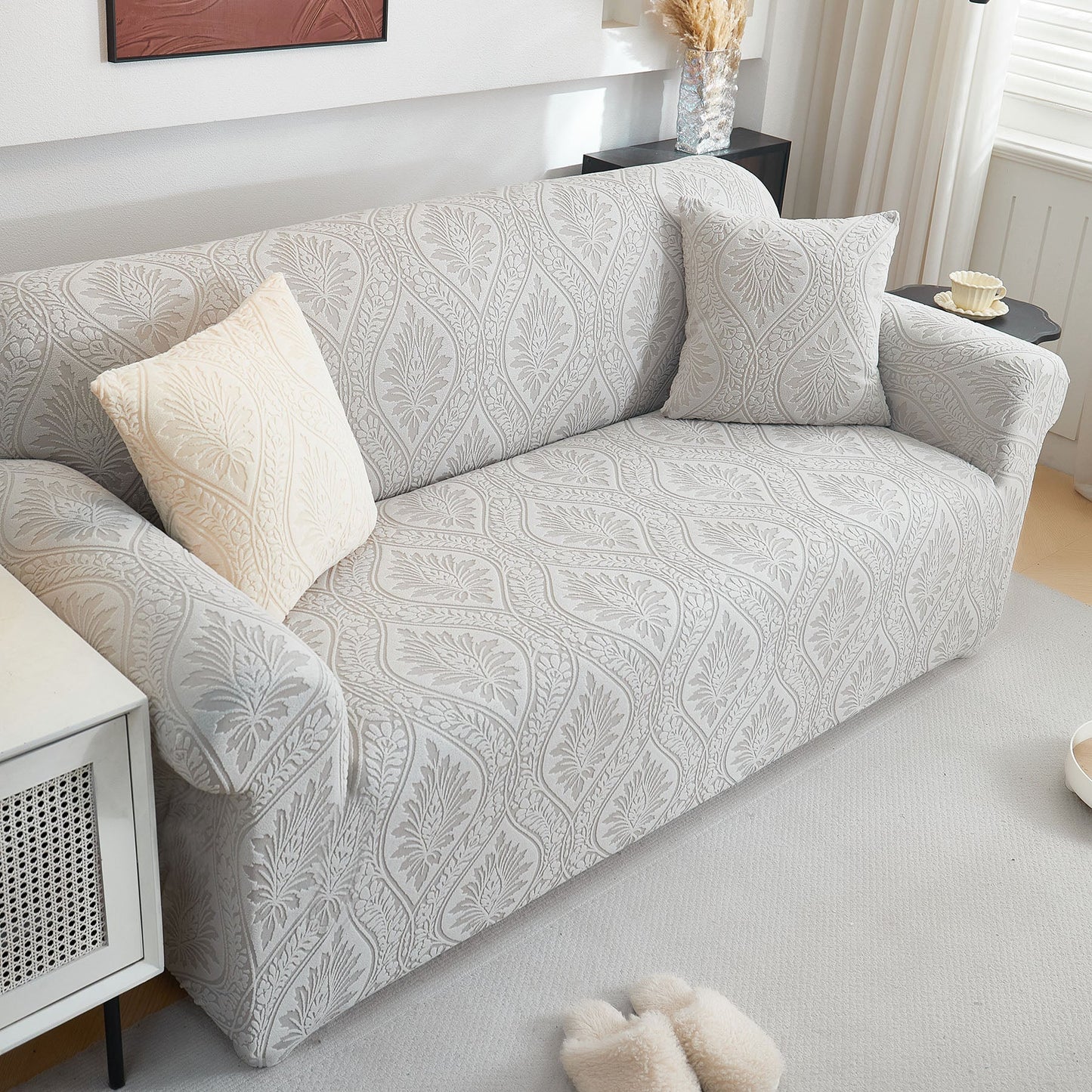 3D Baroque Floral Stretch Sofa Cover Elastic Polar Fleece Couch Slipcover with Straps