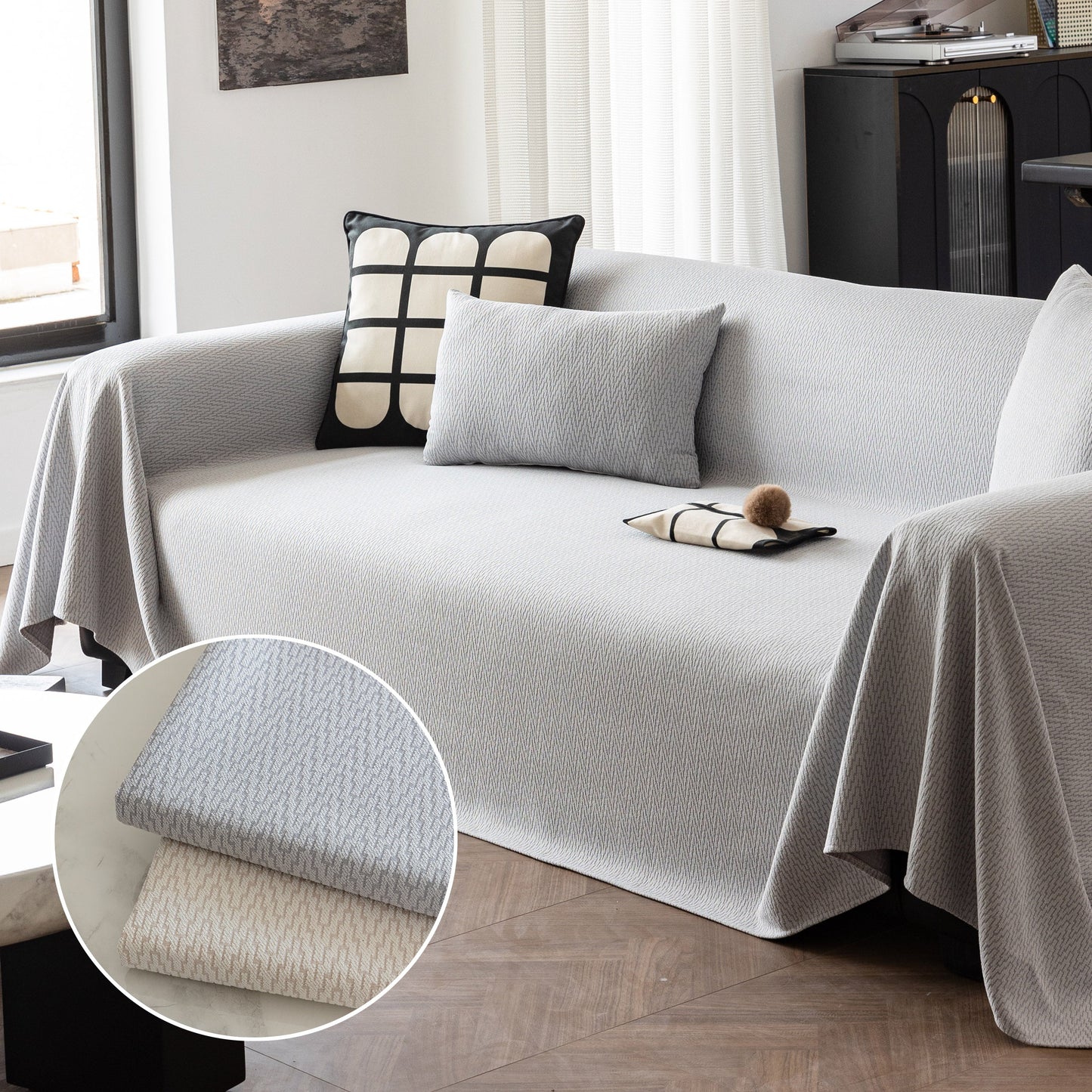 Herringbone Textured Sofa Throw Blanket, Durable Pet Friendly Modern Couch Slipcover