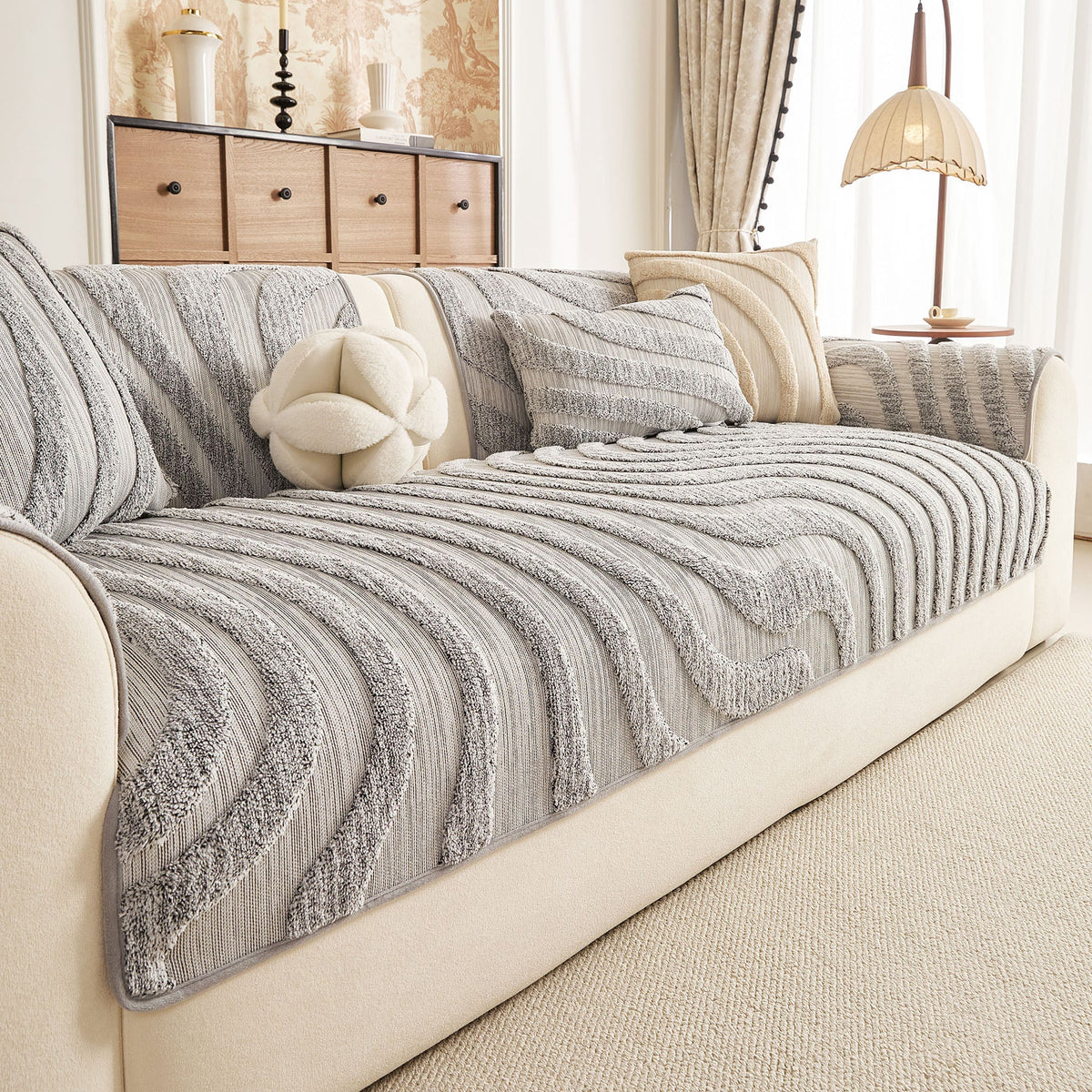 Cozy Plush Sofa Topper with Raised Wave Texture, Non-Slip Furniture Protector Cover