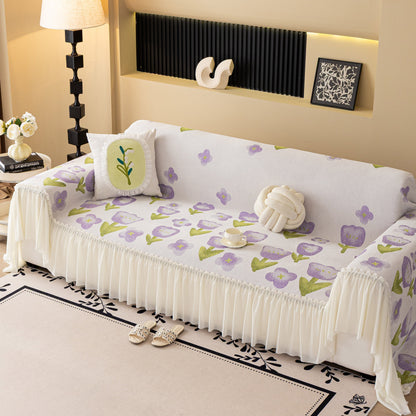 Ruffled Sweet Floral Sofa Cover with Skirt, Soft and Decorative Couch Throw Cover