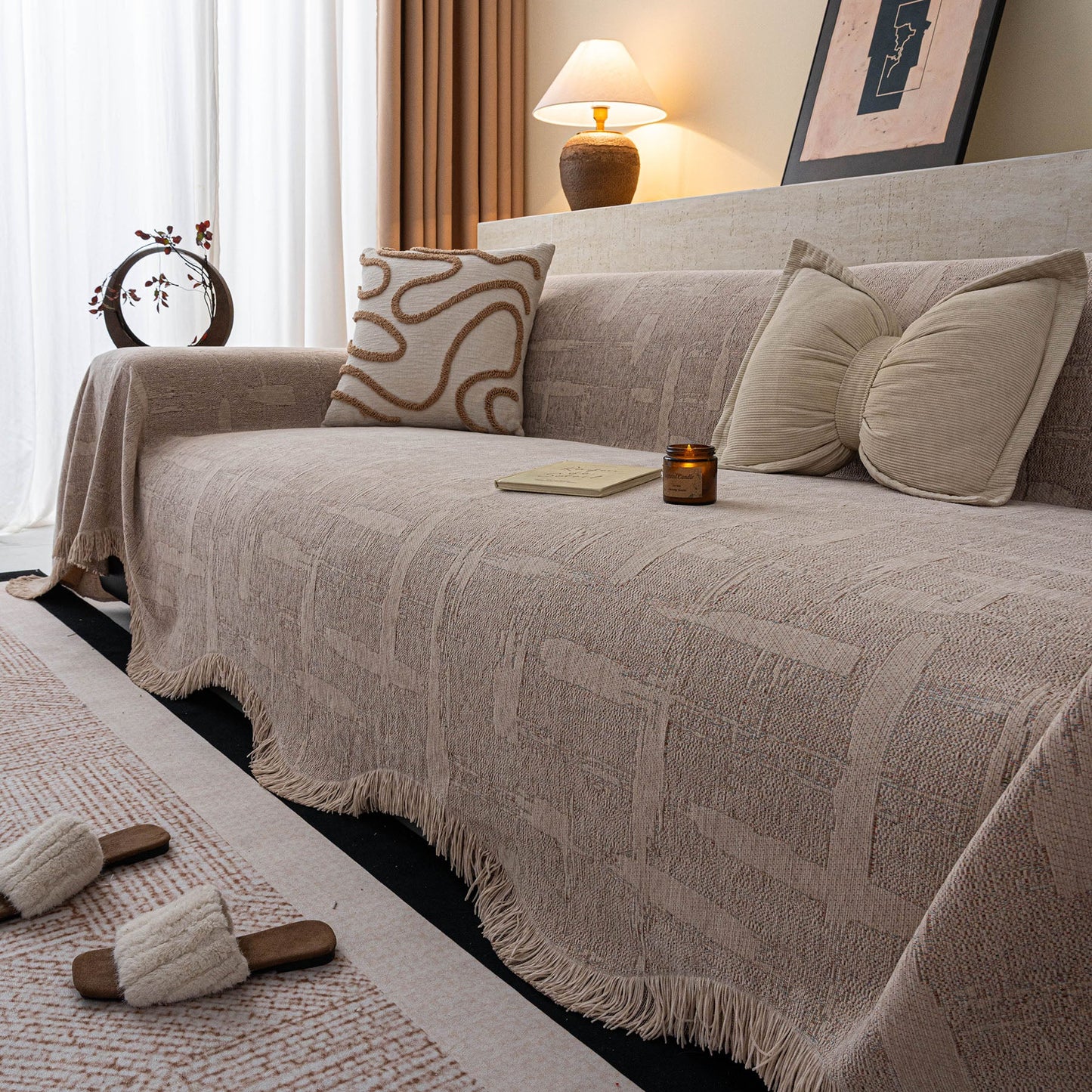 Chenille Sofa Cover Throw Blanket, Woven Textured Minimalist Wabi-Sabi Couch Cover