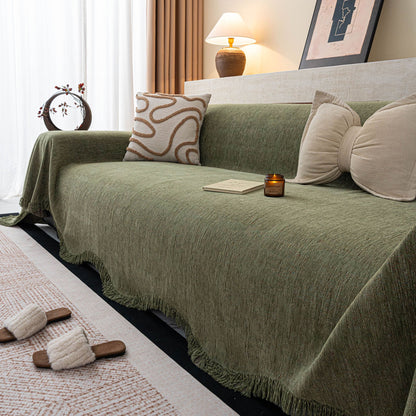 Chenille Sofa Cover Throw Blanket, Woven Textured Minimalist Wabi-Sabi Couch Cover