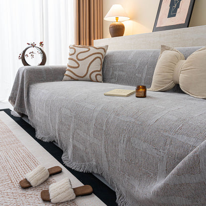 Chenille Sofa Cover Throw Blanket, Woven Textured Minimalist Wabi-Sabi Couch Cover