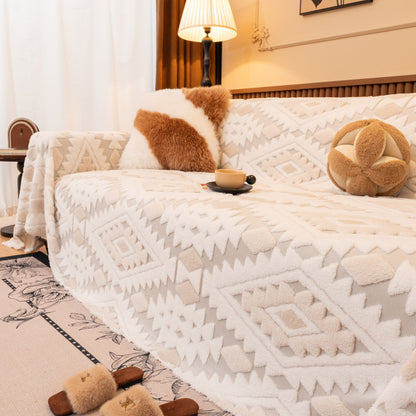 Bohemian Tufted Sofa Cover, Soft Sherpa Fleece Throw Blanket with 3D Aztec Geometric