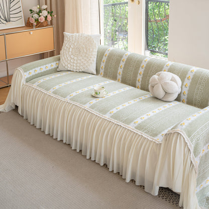 Daisy Striped Sofa Cover with Sheer Ruffle Skirt, Floral Soft Slipcover Blanket