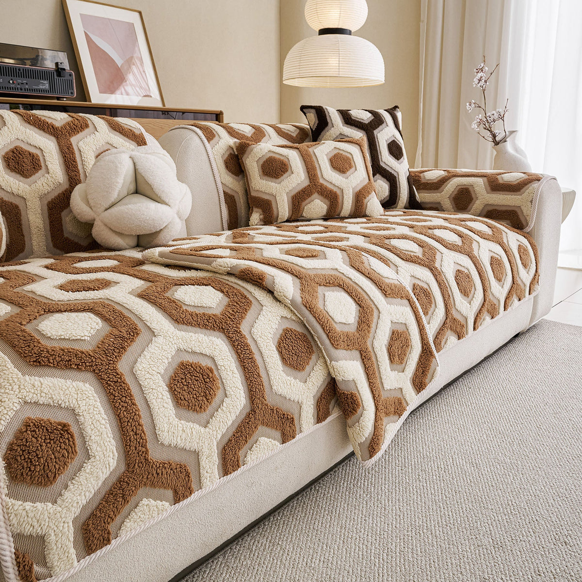 Sherpa Fleece Geometric Sofa Cover, Non-Slip Warm Couch Protector for Pets & Kids