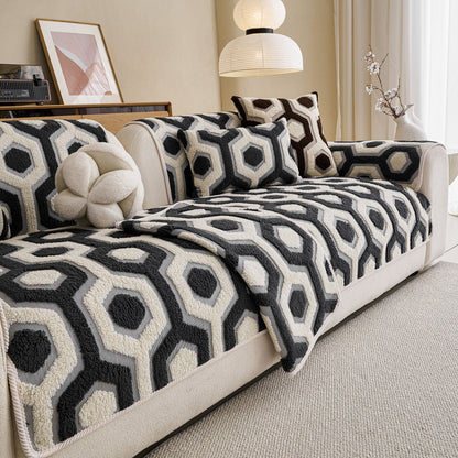 Sherpa Fleece Geometric Sofa Cover, Non-Slip Warm Couch Protector for Pets & Kids