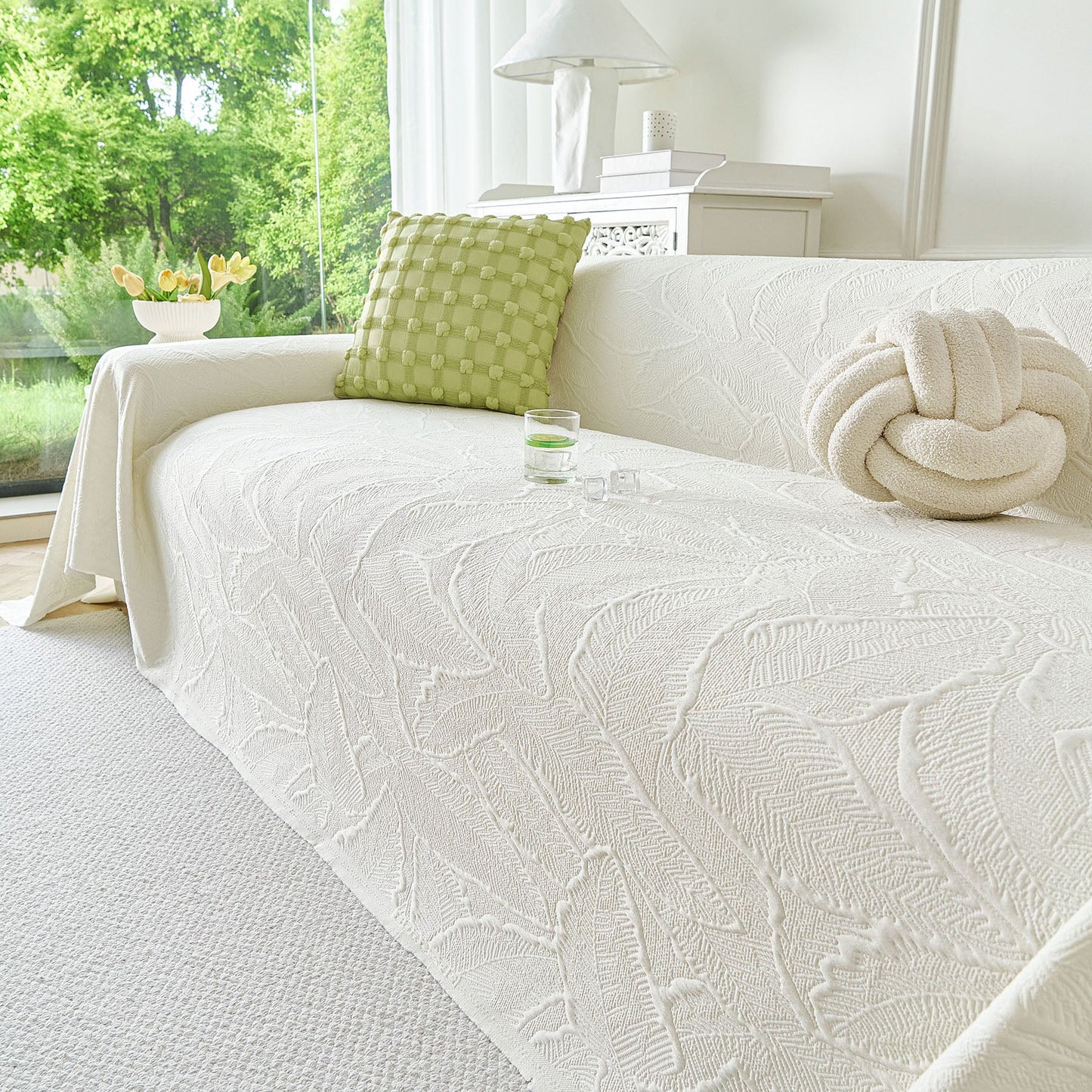Embossed Leaf Pattern Sofa Cover Blanket for Couch, Soft Cooling Textured Couch Cover