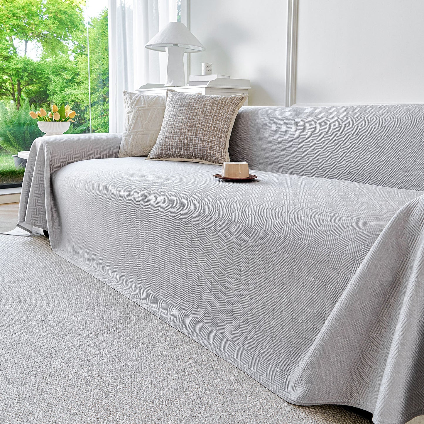 Cooling Ice Silk Soft Sofa Cover Blanket, Woven Geometric Textured Modern Couch Cover