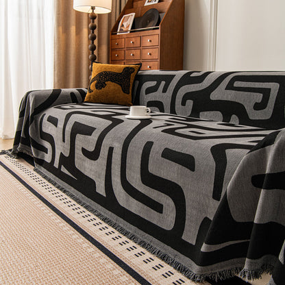 Modern Boho Chenille Sofa Cover Throw Blanket, Abstract Geometric Pattern Couch Cover