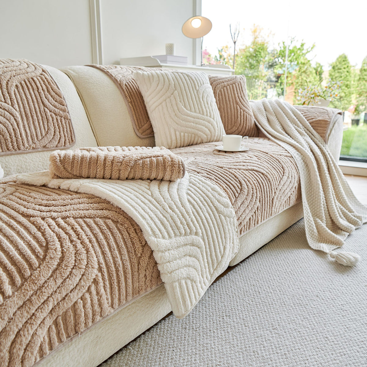 Luxury Plush Non-Slip Sofa Covers, Soft Fuzzy Embossed Sofa Topper & Seat Covers