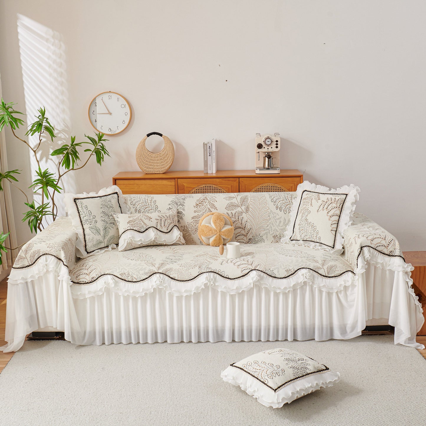 Farmhouse Ruffled Lace Sofa Slipcover Vintage Furniture Protector with Botanical Print