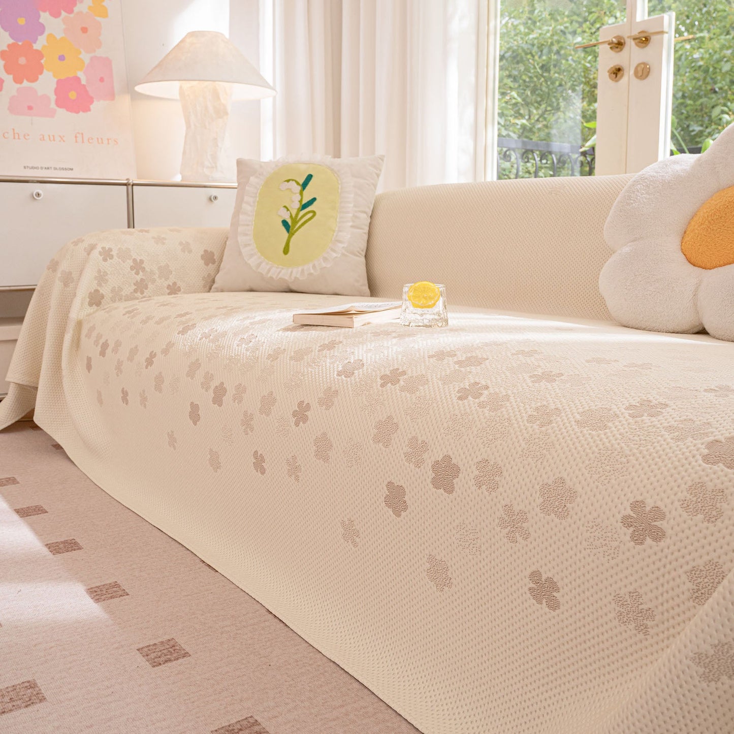 Cooling Ice Silk Sofa Cover Blanket, Floral Soft Silky Breathable Couch Throw Cover
