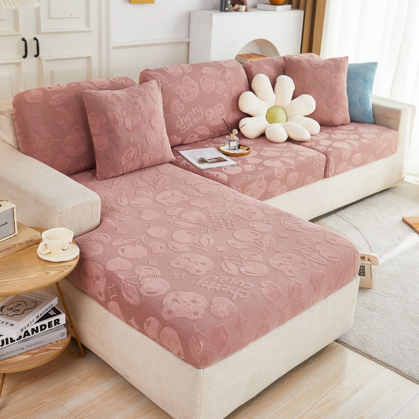 Cherry Cute Cooling Silk Fabric Stretch Couch Cushion Covers, Non-Slip Furniture Protector for Kids