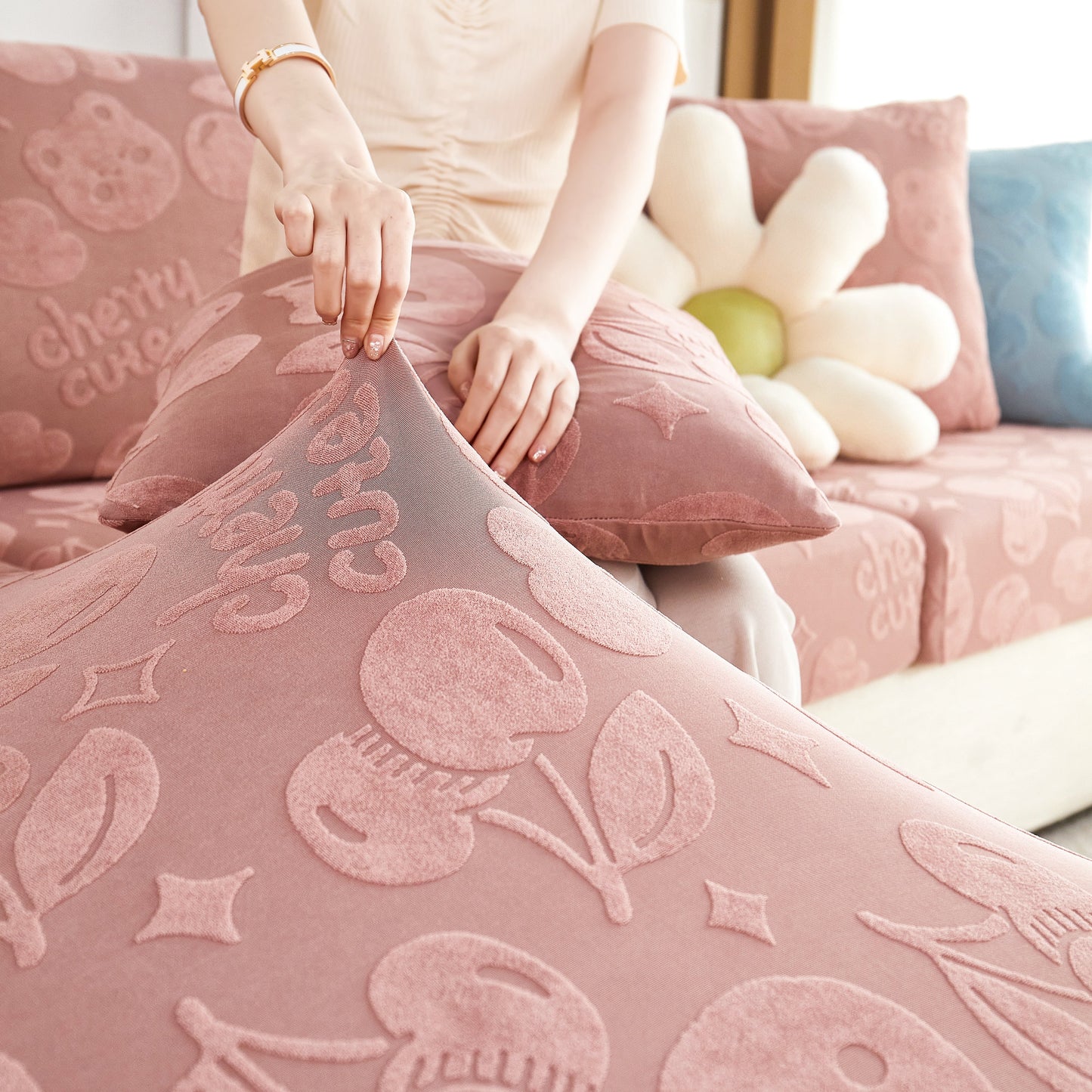 Cherry Cute Cooling Silk Fabric Stretch Couch Cushion Covers, Non-Slip Furniture Protector for Kids