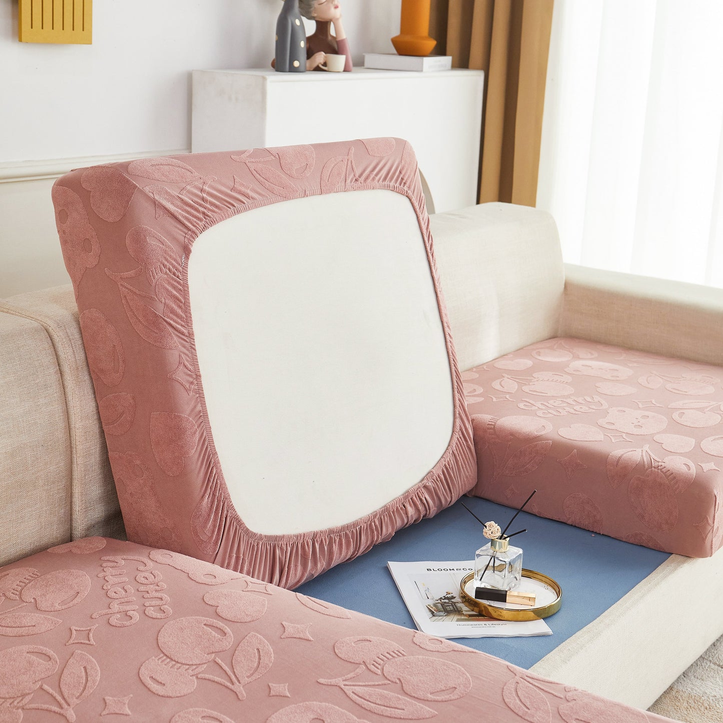 Cherry Cute Cooling Silk Fabric Stretch Couch Cushion Covers, Non-Slip Furniture Protector for Kids