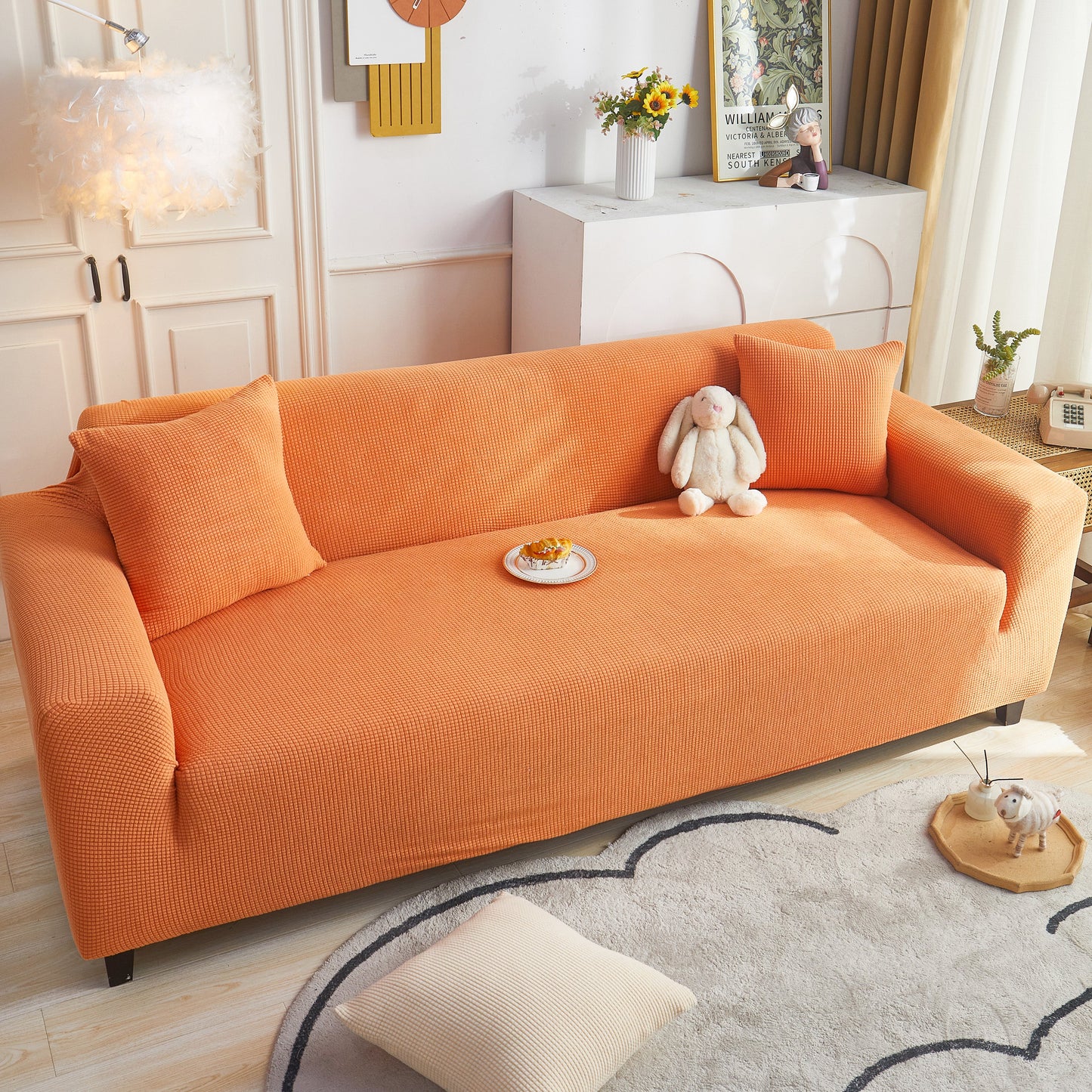 Grid Textured Stretch Sofa Cover, Soft Elastic Slipcover for Couch Protection
