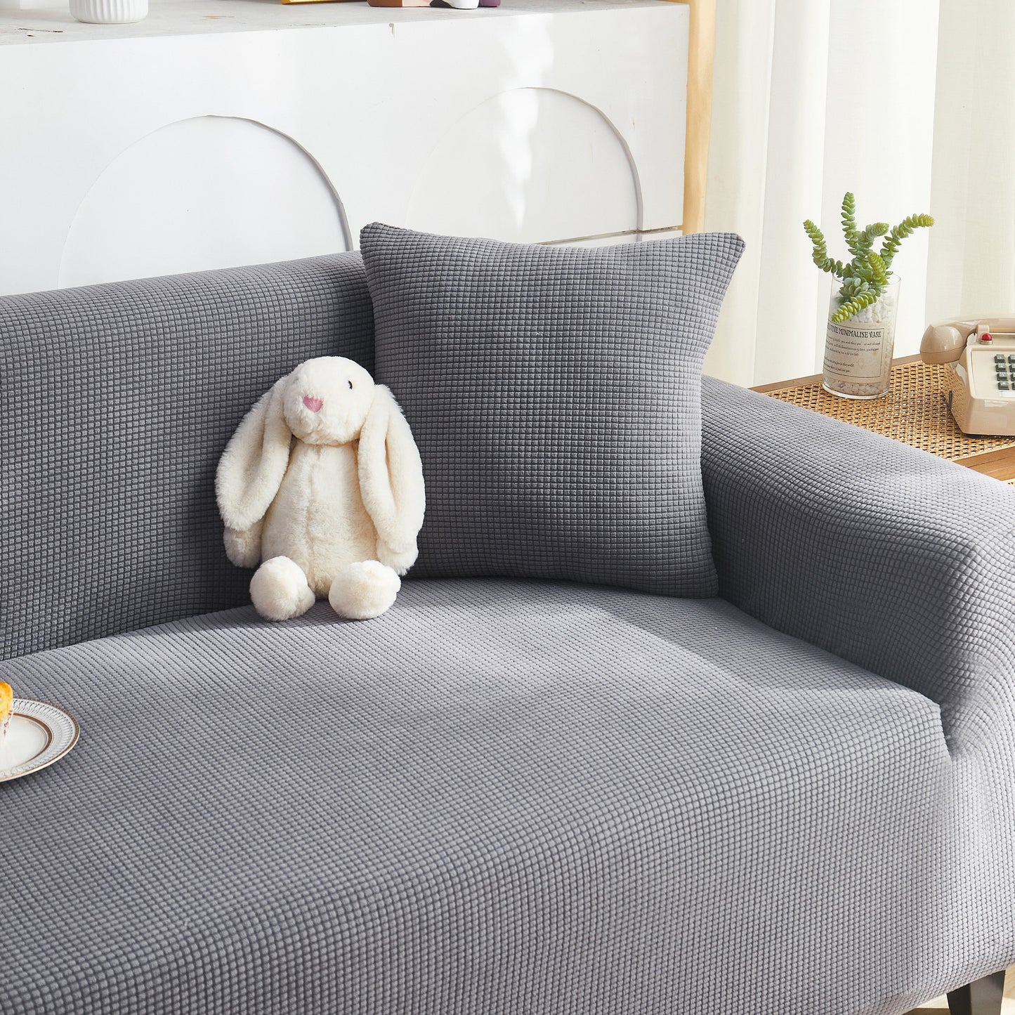 Grid Textured Stretch Sofa Cover, Soft Elastic Slipcover for Couch Protection