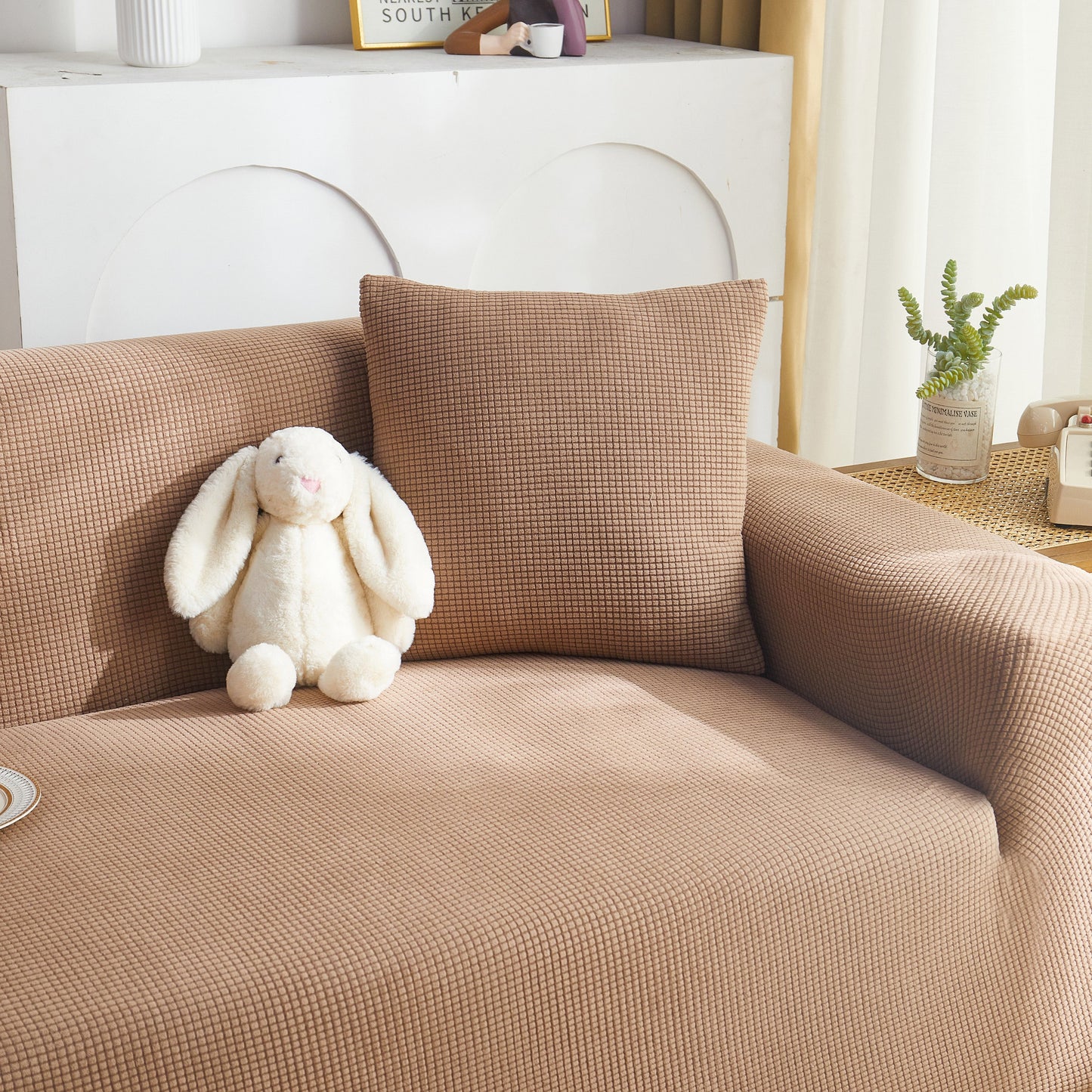 Grid Textured Stretch Sofa Cover, Soft Elastic Slipcover for Couch Protection