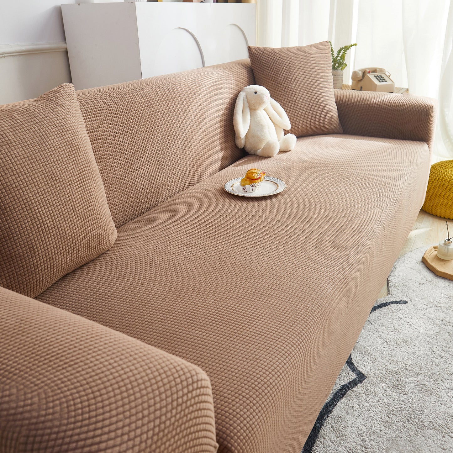 Grid Textured Stretch Sofa Cover, Soft Elastic Slipcover for Couch Protection
