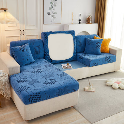 Happy Puzzle Jacquard Fleece Stretchable Cushion Cover, Non-Slip L Shaped Couch Covers for Pets