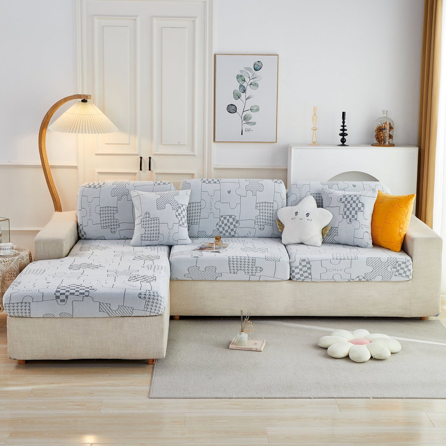 Happy Puzzle Jacquard Fleece Stretchable Cushion Cover, Non-Slip L Shaped Couch Covers for Pets