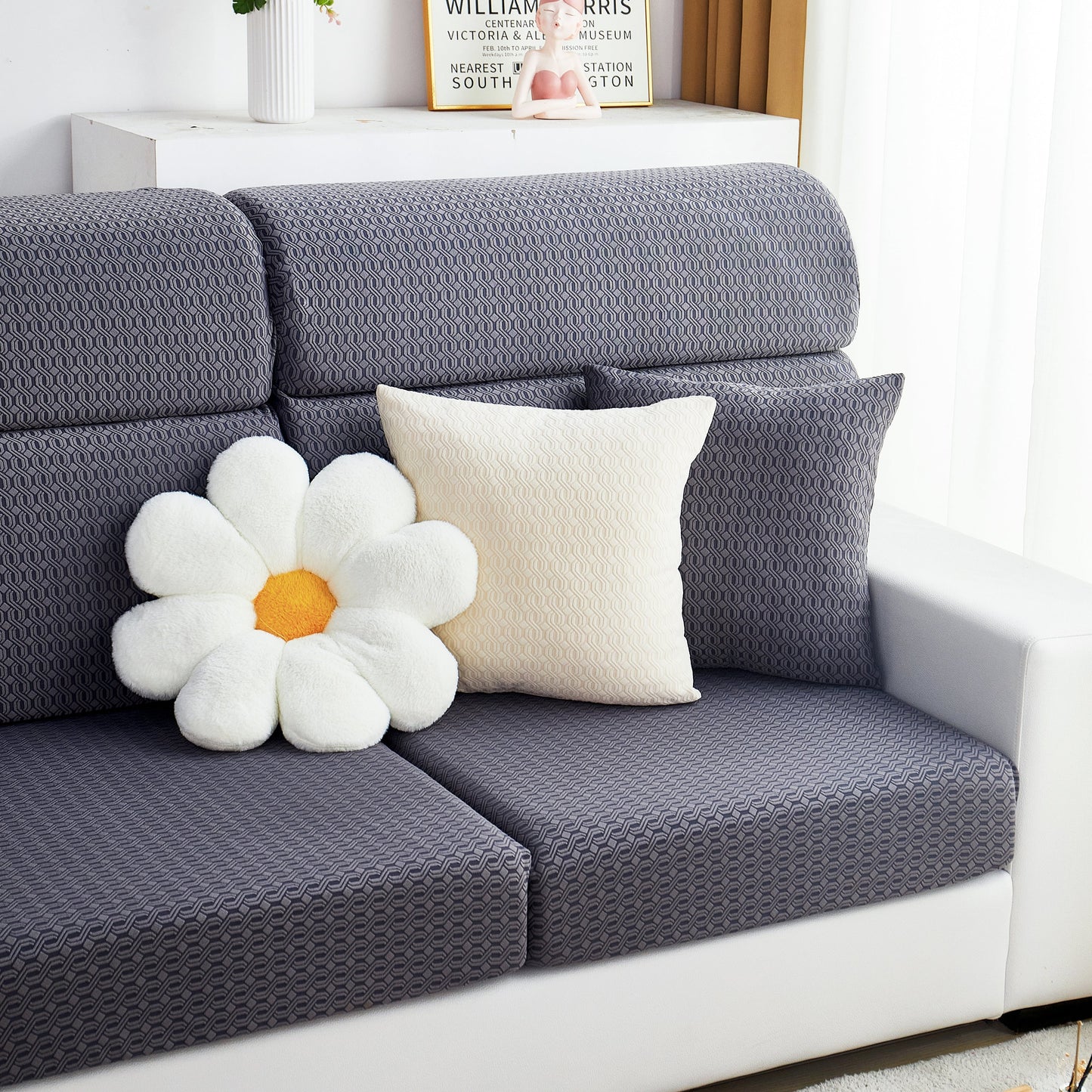 Growth Rings Jacquard Fleece Fabric Stretch Cushion Cover, Non-Slip Furniture Protector for Kids, Couch Cushion Covers