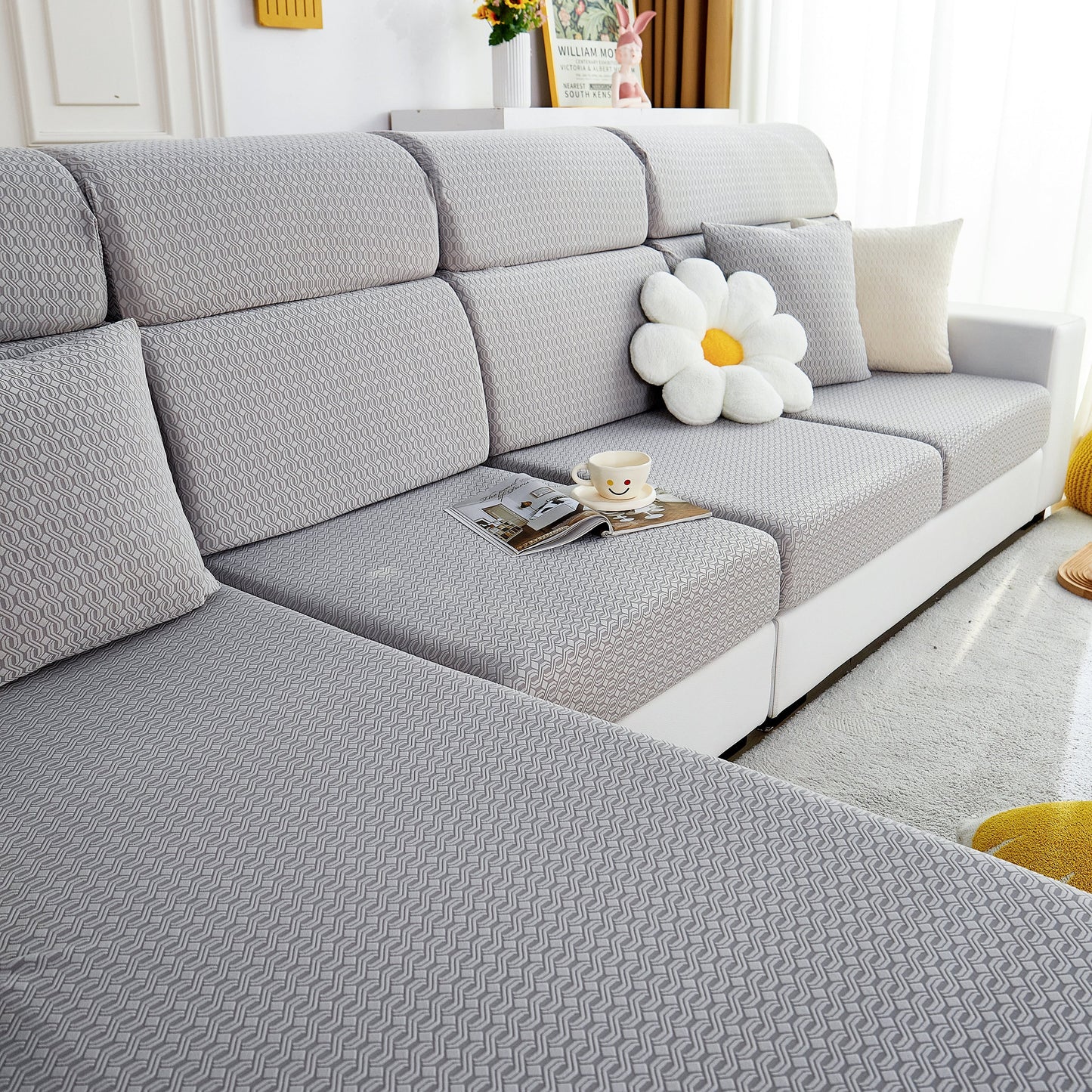 Growth Rings Jacquard Fleece Fabric Stretch Cushion Cover, Non-Slip Furniture Protector for Kids, Couch Cushion Covers
