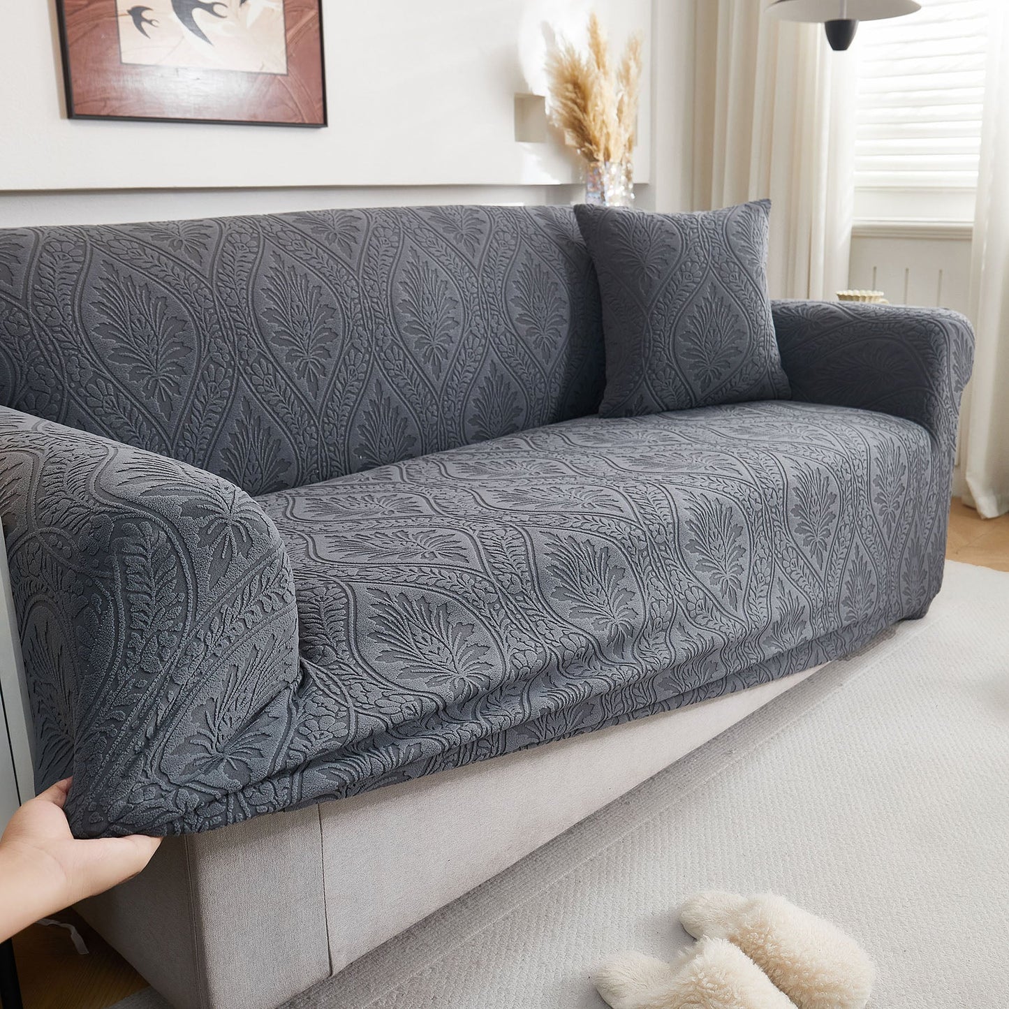 3D Baroque Floral Stretch Sofa Cover Elastic Polar Fleece Couch Slipcover with Straps