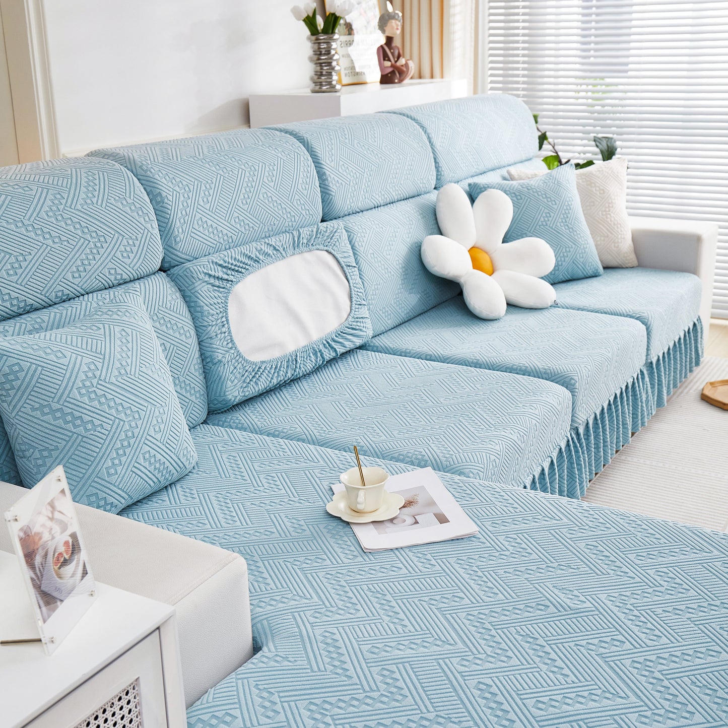 Stretchable Chaise Lounge Sofa Covers and Couch Seat Covers with Skirt for Sectional Couches