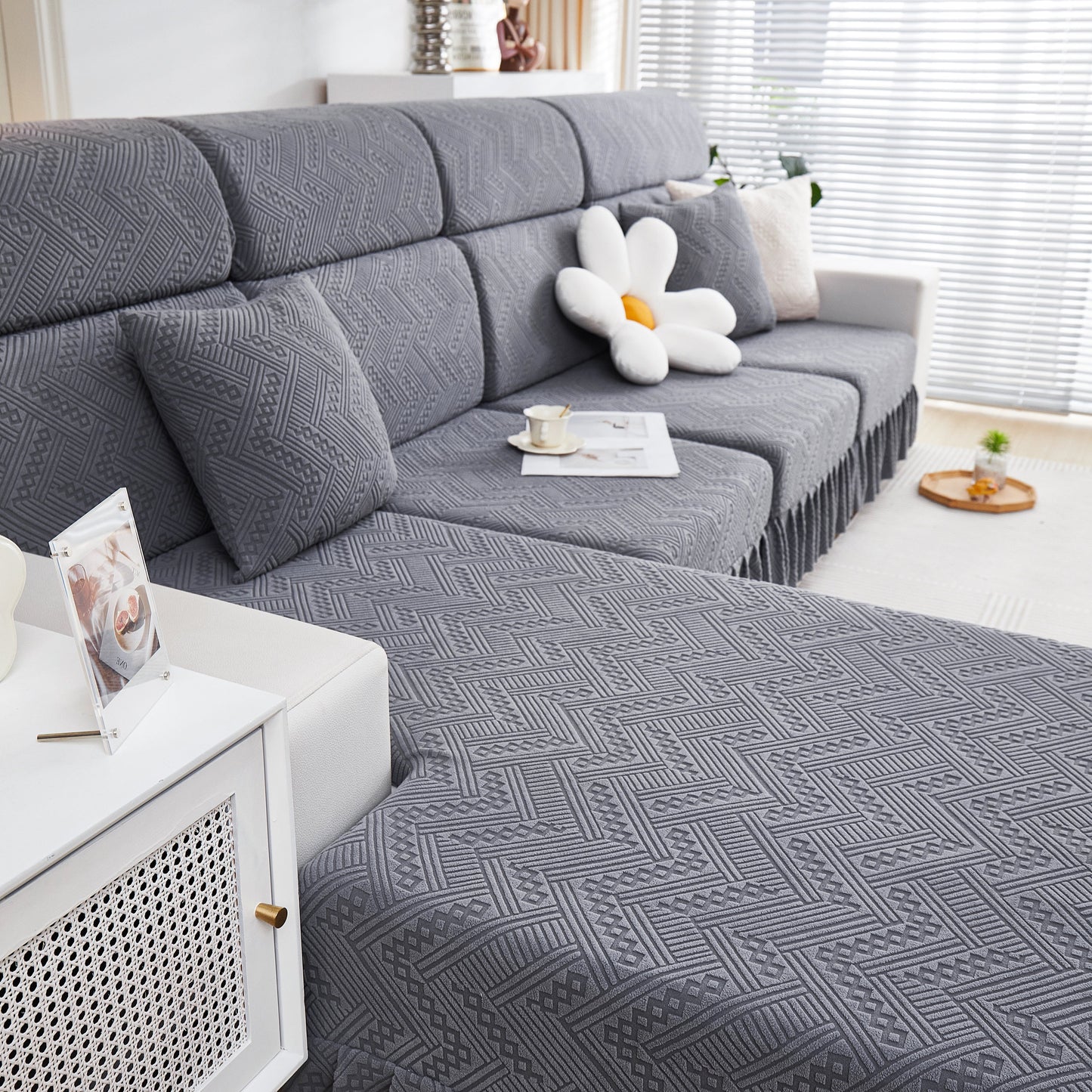 Stretchable Chaise Lounge Sofa Covers and Couch Seat Covers with Skirt for Sectional Couches