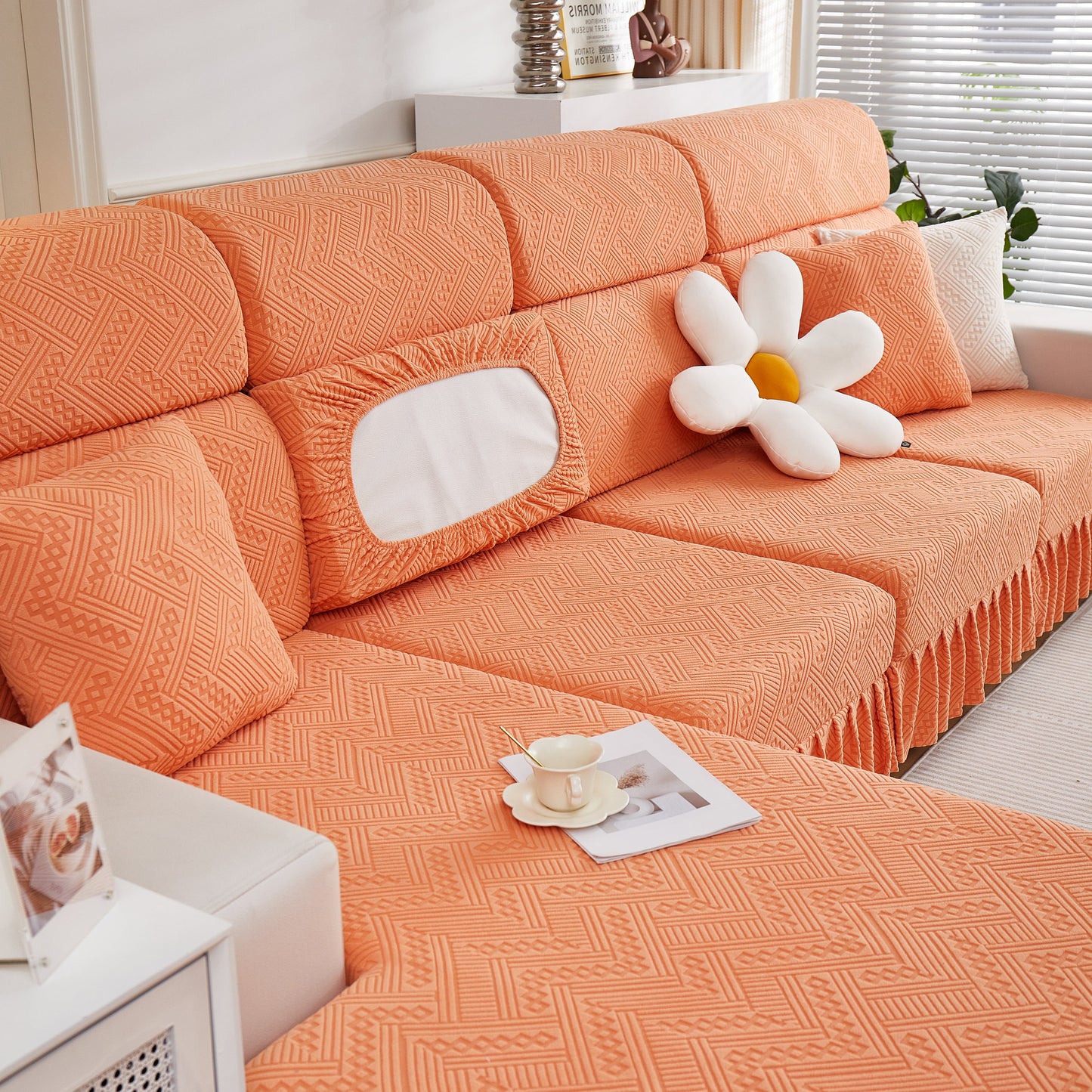 Stretchable Chaise Lounge Sofa Covers and Couch Seat Covers with Skirt for Sectional Couches