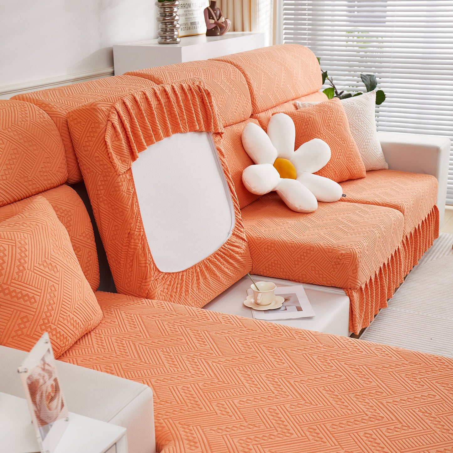 Stretchable Chaise Lounge Sofa Covers and Couch Seat Covers with Skirt for Sectional Couches