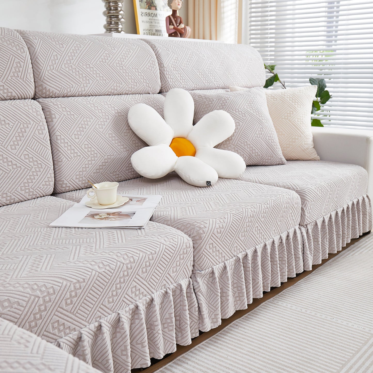 Stretchable Chaise Lounge Sofa Covers and Couch Seat Covers with Skirt for Sectional Couches