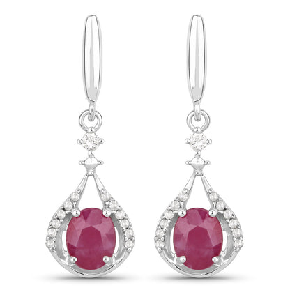 0.70 Carat Genuine Ruby and White Diamond 14K White Gold Earrings