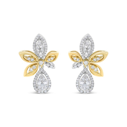 14K White and Yellow Gold 1.00 Cttw Round Pave-Set Diamond Teardrop and Marquise Shape Drop Dangle Earrings (H-I Color, SI1-SI2 Clarity)