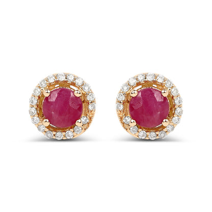 0.71 Carat Genuine Ruby and White Diamond 14K Yellow Gold Earrings